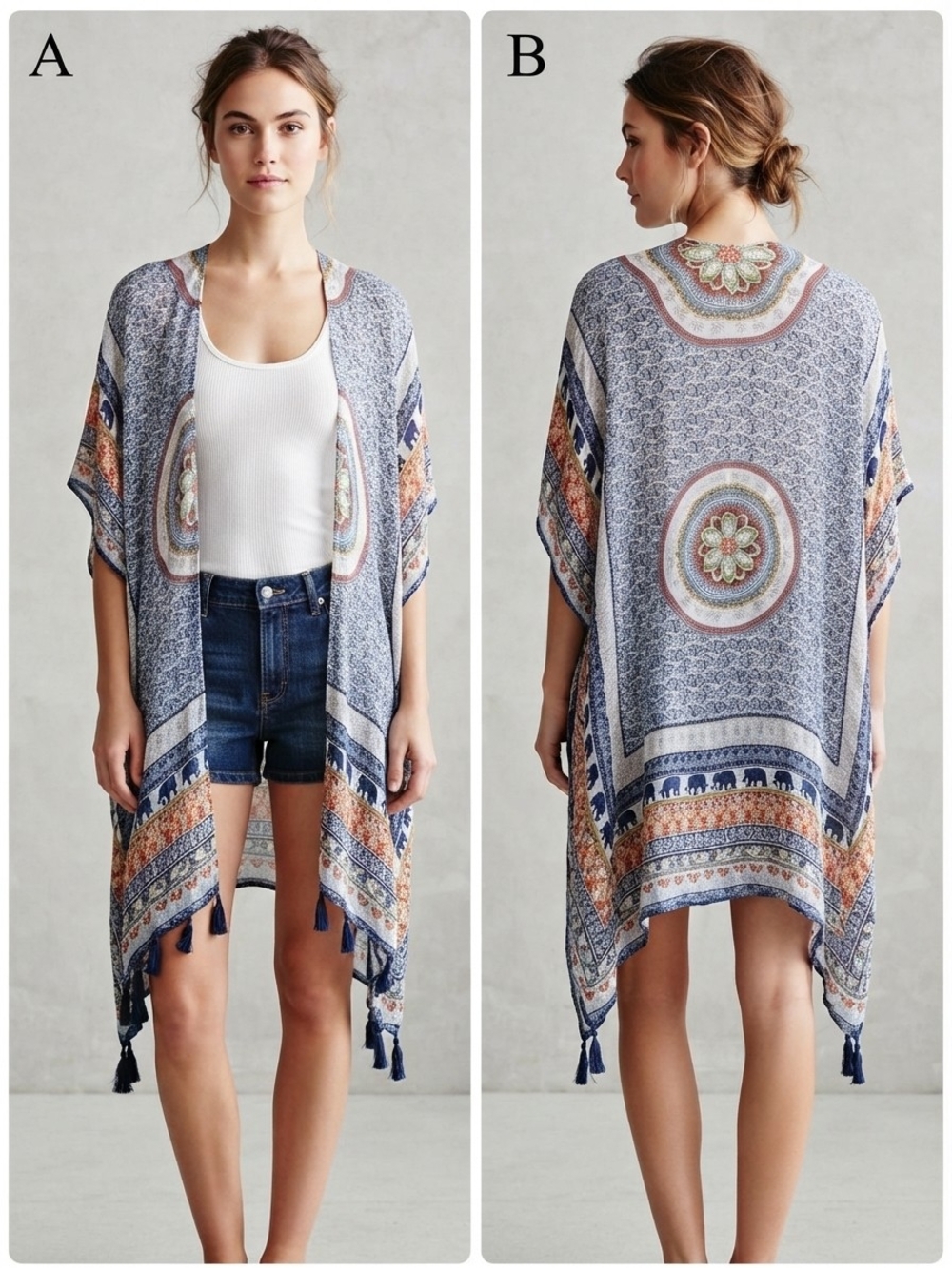 Soft Surroundings Navy, Cream and Rust Boho Medallion Kimono with Tassels